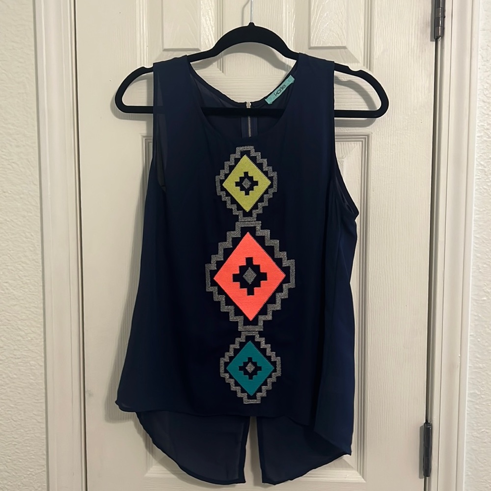 Karlie- navy blue tank top with slit in back and zipper, lime green, pink, teal